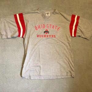 Vintage Lee Sport Ohio State Buckeyes Shirt Gray V-Neck Striped Sleeve Mens 2XL